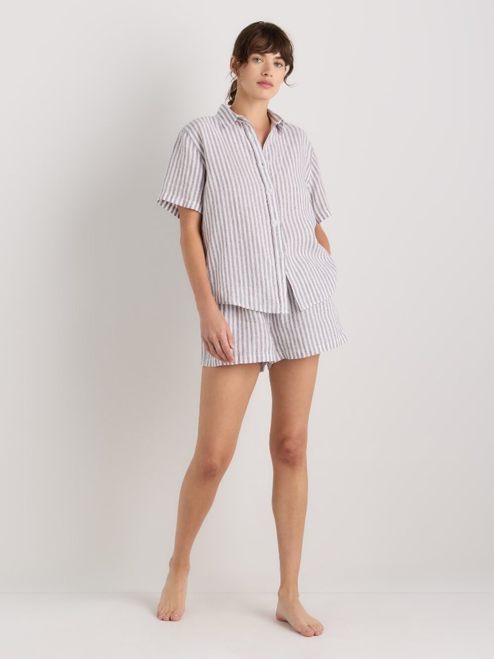 NWT QUINCE European Linen Shorts Pajama Set Taupe Stripe Small